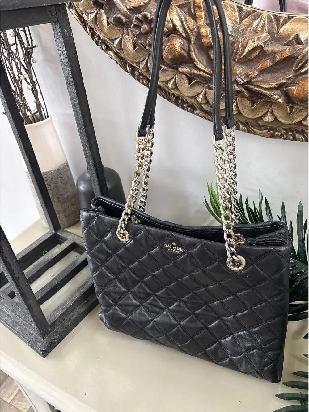 Kate Spade Black Quilted Leather Tote Bag with Chain Handles Purse Ladies